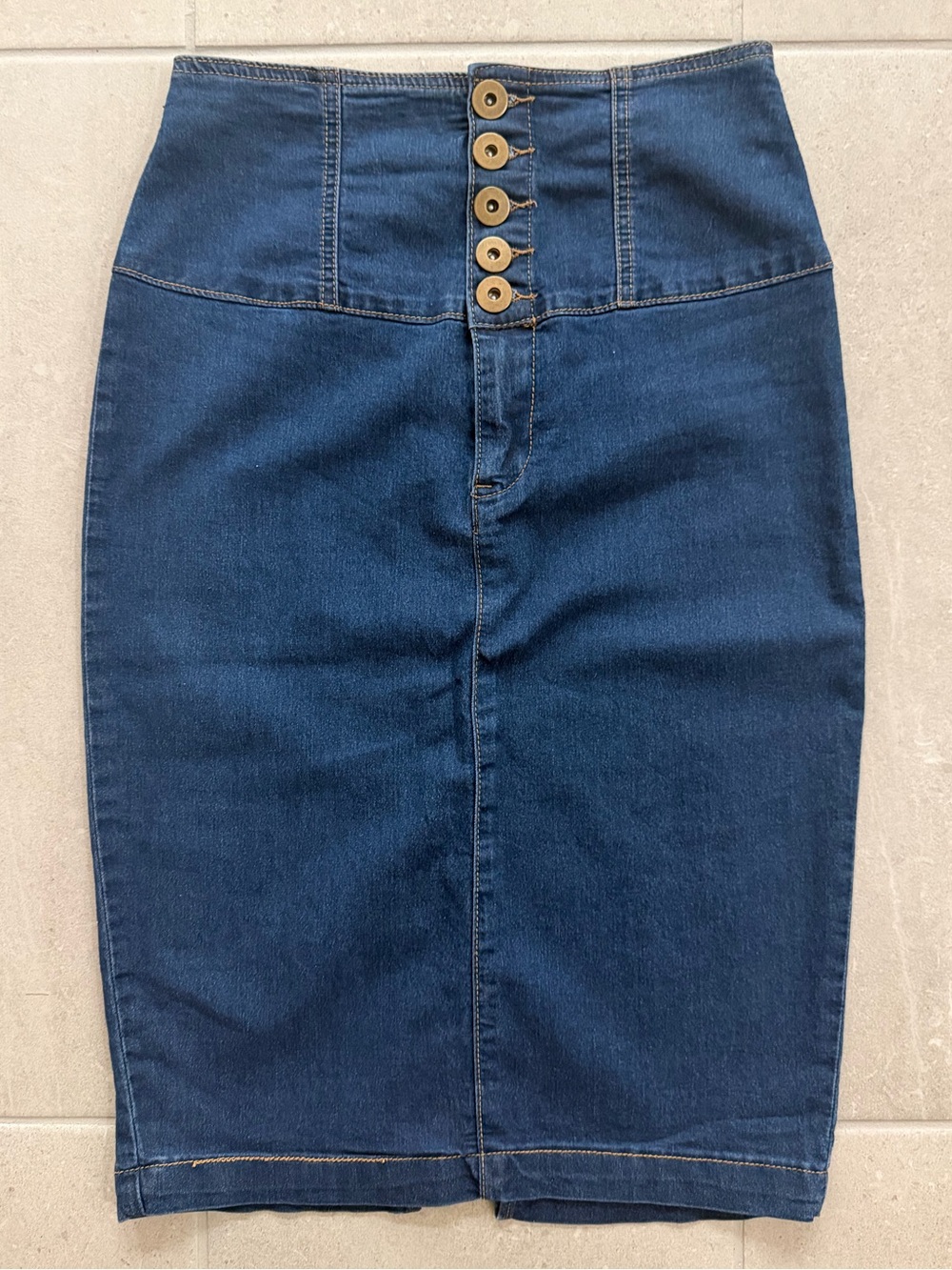 Forever 21 Dark Blue Denim High-Waist Pencil Skirt with Button Placket